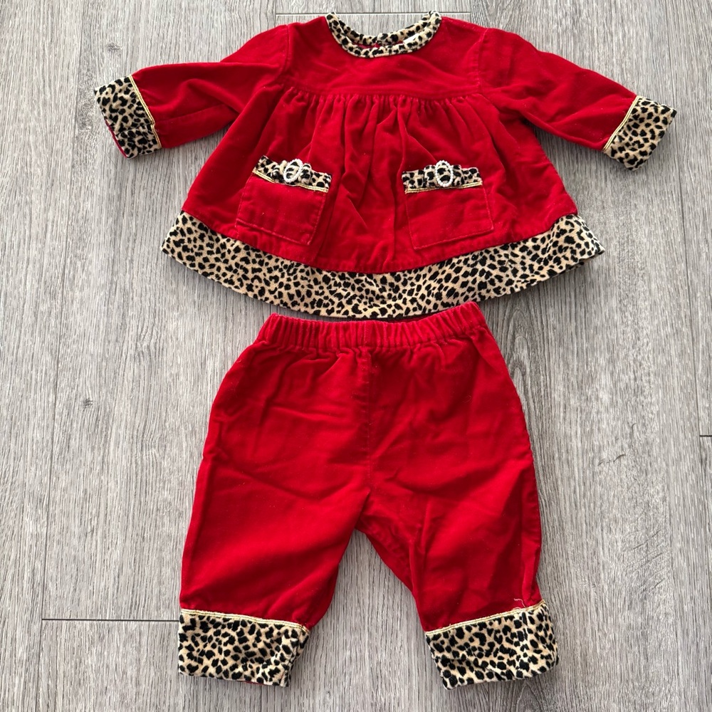 Vintage Baby Girl Red velvet Outfit with Leopard Trim 3-6 month